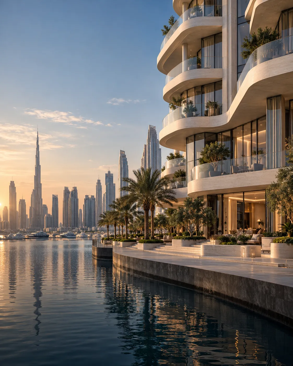Illustrative waterfront architecture overlooking the Dubai skyline